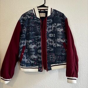 We the Free People Varsity Dreams Quilted Blue Maroon Bomber Jacket Size M